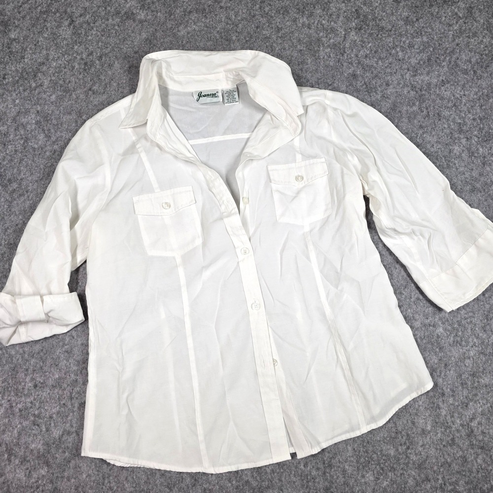 Vintage Joanna White Button Collared Shirt 3/4 Sleeve Top Large Preppy 90s‎ y2k